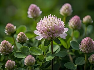 Close-up photo of clover flowers taken in the garden next to the house