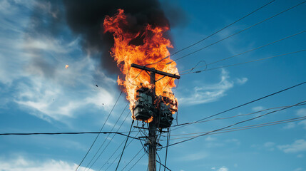 Power transformer on fire on utility pole during electrical malfunction