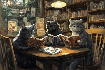 Sticker - three cats sitting at a table reading books