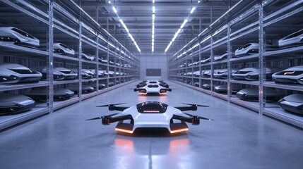 A futuristic warehouse displays sleek flying vehicles stored on racks, illuminated by bright lights, showcasing innovative design and advanced technology.