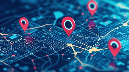 Poster - A digital map featuring location pins, representing navigation and geolocation technology.
