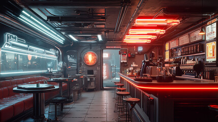 cyberpunk-inspired futuristic bar interior with neon lights, industrial design, and atmospheric glow