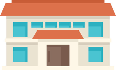 Poster - minimalist illustration featuring a two storey building with a brown roof and blue windows