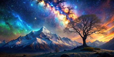 Wall Mural - A solitary tree stands sentinel against the backdrop of a majestic mountain range, illuminated by a celestial tapestry of stars, galaxies, and swirling auroras.