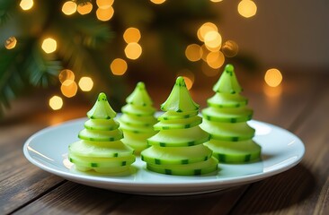 sliced cucumber on a white plate in the shape of christmas trees against a background of flickering 