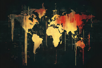 Poster - A complex design illustrating a world map formed by patterns of binary code in a striking color palette