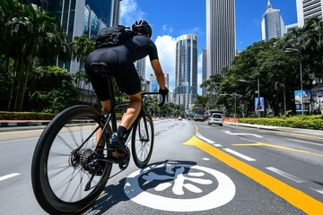 Wall Mural - A cyclist riding down a bike lane on a busy urban street, with modern buildings and greenery along the path, showing the integration of sustainable transport in cities