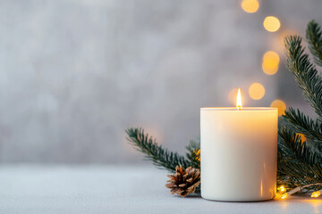 serene white candle glows softly, surrounded by pine branches and pine cone, creating warm and inviting atmosphere perfect for holiday season