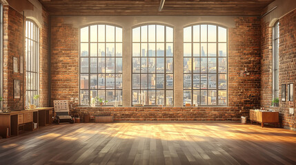 Spacious industrial interior with large windows and natural light