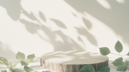 Aufkleber - Minimalist Eco-Friendly Display Wooden Podium with Green Leaves and Soft Shadows