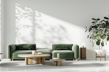 Bright living room interior with green cozy sofa and wooden furniture on empty background