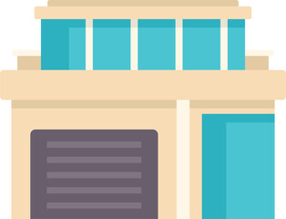 Poster - modern beige house featuring a garage and terrace with large windows is depicted in a flat design