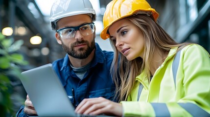 Two engineers a man and a woman examining and analyzing relay protection systems using a laptop computer in a heavy duty manufacturing plant  They are working together to monitor diagnose