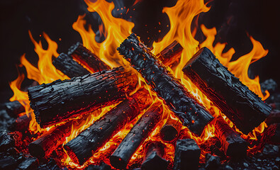 Poster - A pile of wood is burning in a fire