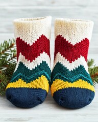 Colorful knitted socks displayed with decorative pine branches, isolated background.