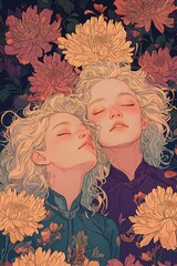 Serenity among blossoms a dreamy portrait of two women enveloped in floral beauty embracing connection and tranquility