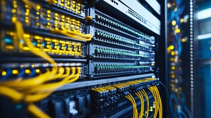 Poster - Data center switch: A high-performance switch installed in a data center, connected to rows of servers and network equipment, showcasing the backbone of enterprise networks.