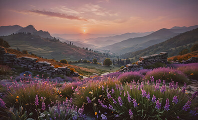 Poster - A beautiful purple field with a sunset in the background