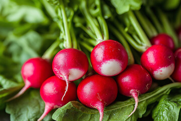 Wall Mural - Close-up of a bunch of radishes, showcasing their bright red skin and green stems.