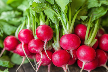 Wall Mural - Close-up of a bunch of radishes, showcasing their bright red skin and green stems.