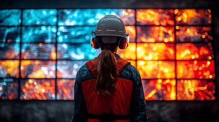 Poster - holographic flood control room with operators monitoring disaster response plans and flood maps for 