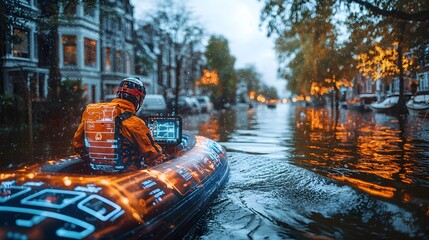 Poster - photograph depicting an emergency response team in action during a flood event leveraging advanced h