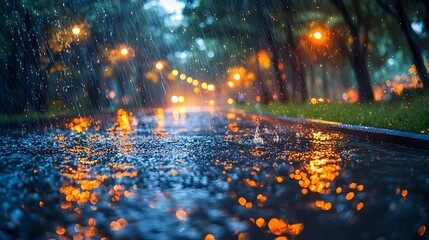 Poster - advanced smart drainage system under heavy rainfall featuring holographic indicators that display re