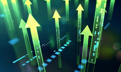 Poster - 3d rendering of glowing green arrows pointing upwards on a digital background with blue lights and b