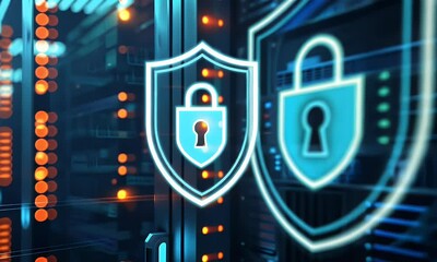 Poster - A close up of digital data storage with glowing symbols representing a shield and lock, set against the backdrop of dark server cabinets in an office environment