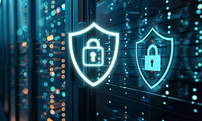 Poster - A close up of digital data storage with glowing symbols representing a shield and lock, set against the backdrop of dark server cabinets in an office environment