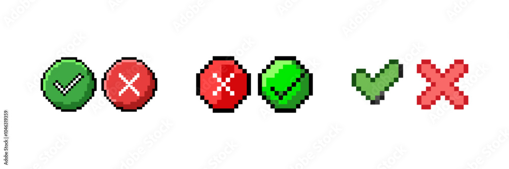 Pixel cross and check mark icon set in 8-bit retro style. Simple vector ...