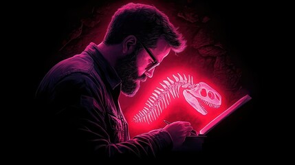 An artist creates a neon dinosaur skeleton illustration while sketching in a dark environment.