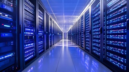 Poster - High-density data center switch: A network switch in a high-density data center, connected to hundreds of servers and devices, focusing on maximizing performance and efficiency.