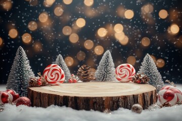 Festive candy display with snowy background and sparkling lights