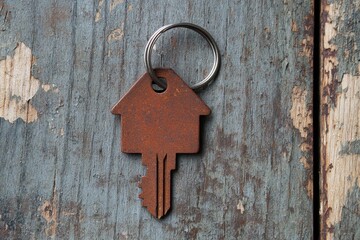 A rusty house-shaped key on a weathered wooden background, symbolizing home and security.