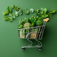 shopping cart filled with fresh green vegetables and leafy plants against green background, symbolizing sustainability and eco friendly choices