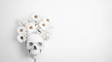 Canvas Print - Minimalistic Floral Skull with Negative Space on Monochromatic Background