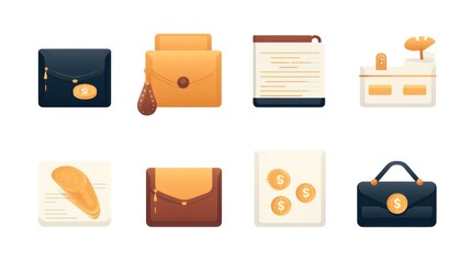 Poster - Business and finance icon set displaying different money-related symbols including a wallet with cards,