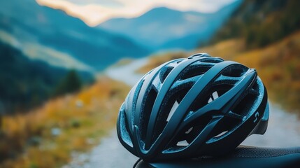 A sleek cycling helmet resting on a bike seat with a mountain trail in the background