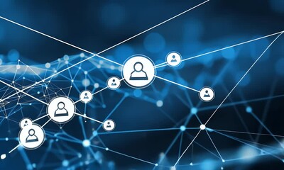 Poster - abstract blue background with digital network connections and glowing dots on a dark gradient for te