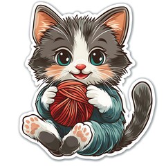  Cute Kitty Playing with Yarn Sticker Design
