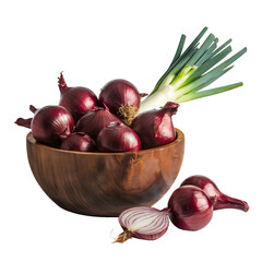 Wall Mural - A wooden bowl filled with red onions and green onions, with a few onions scattered around the bowl.