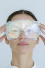 Aufkleber - Woman in High-Tech Augmented Reality Glasses Exploring Futuristic Data Visualization