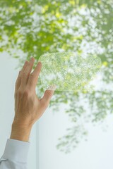 Aufkleber - Hand Holding Transparent Interface with Nature Backdrop in Modern Tech Setting