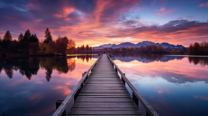 A breathtaking sunrise panorama over a peaceful lake, with the sky showcasing vibrant colors of dawn