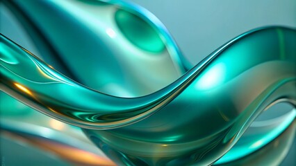 Aufkleber - Abstract background with green and blue fluid glass waves. 3d abstract liquid glass transparent clear ribbon wave line on green background with palm leaf shadow. Water fluid flow curve shape