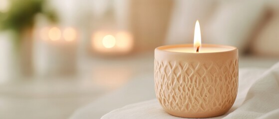 Poster - Elegant Candle Design in Ceramic Holder against Blurred Home Decor Background