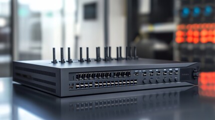 Poster - Network switch with QoS: A network switch configured with Quality of Service (QoS) settings, prioritizing traffic for critical applications like VoIP, video streaming, 