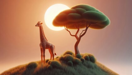 Serene Giraffe Under Sunset with Tree