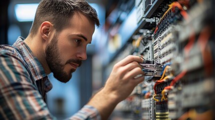 Poster - Network switch troubleshooting: A technician diagnosing and troubleshooting issues with a network switch, using diagnostic tools or software to resolve network problems.